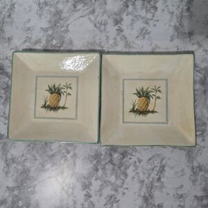 WILLIAM SONOMA VERANO TILE SQUARE Plates 8 5/8" PINEAPPLE PALM Set Of 2